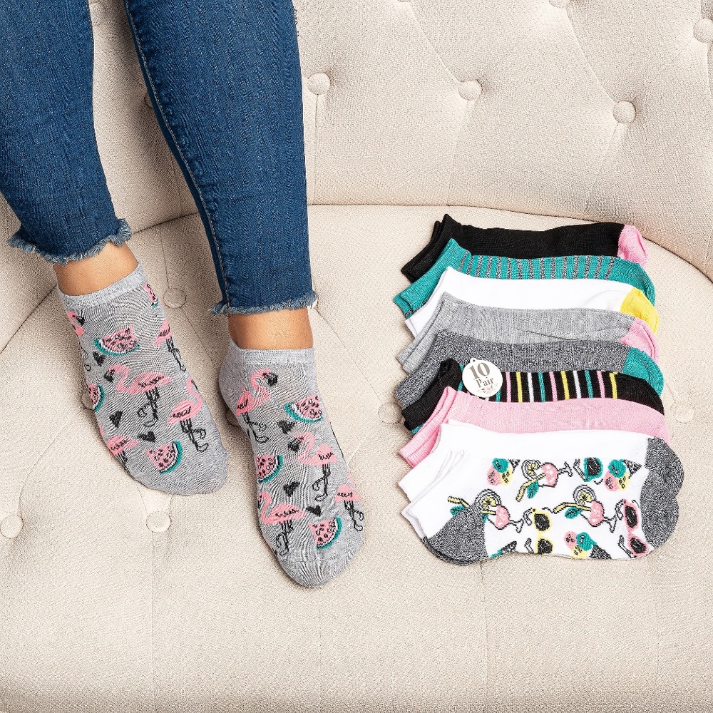 10 PAIR VALUE PACK FLAMINGO & STRIPES LOW SOCKS
